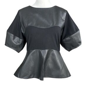 Gracia Black Faux Leather Peplum Blouse Black S
